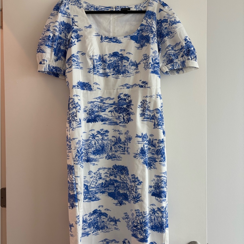 Ann Taylor Blue and White Puff Sleeve Sheath Dress